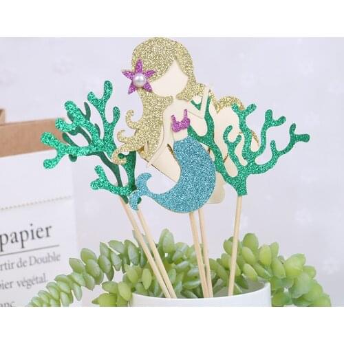 Ins Crown Mermaid Decorations Laser Blue Fishtail Cake Topper For Childrens Day Party