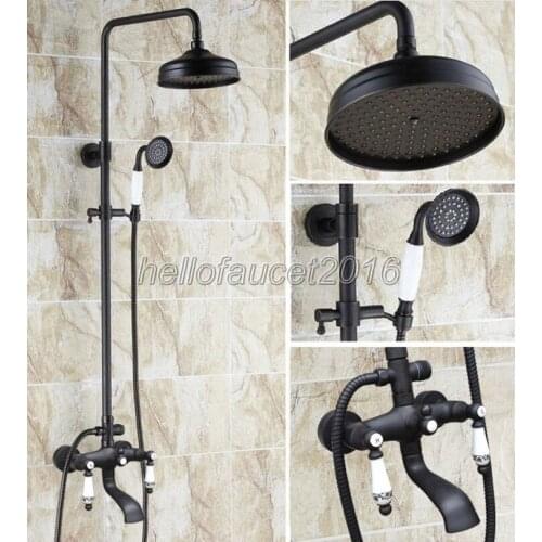 Wall Mounted Rain Shower Bathroom Mixer Faucet Set Dual Handle Bathtub Taps Black Oil Rubbed Bronze 8 inch Shower Heads lhg122