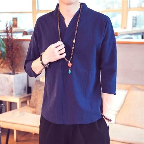 Mens Summer Solid Cotton Linen Shirts Mens Chinese Style Casual V-neck Top Shirts Wide Large Size Male Clothing M-7XL 8XL