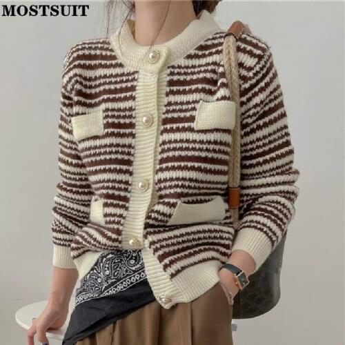 Autumn Striped Knitted Cardigan Sweater Women Full Sleeve Single-breasted Jumpers Knitwear Elegant Vintage Ladies Tops Coat 2021