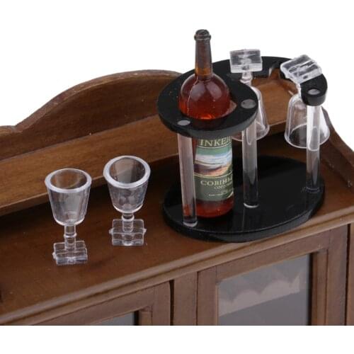 Modern 1/12 Scale Cabinet with Doors + Wine Rack + Wine Glasses Cups Set for Doll House Sitting Room or Bedroom Accessories