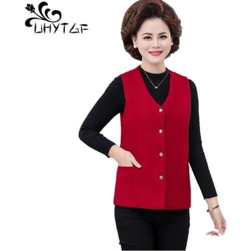 UHYTGF Elegant Mother Spring Autumn Vest Women Single-Breasted Sleeveless Female Short Waistcoat Jacket Thin Plus Size Tops 1533