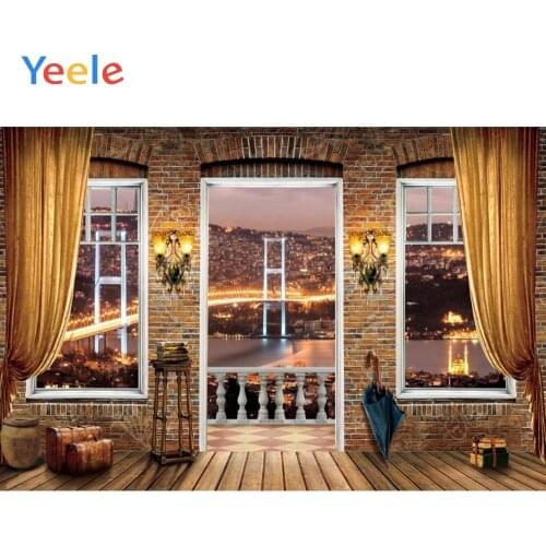 Room Interior Curtain Window Night City Scene Vintage Brick Wall Wood Backdrop Vinyl Photography Background For Photo Shoot Prop