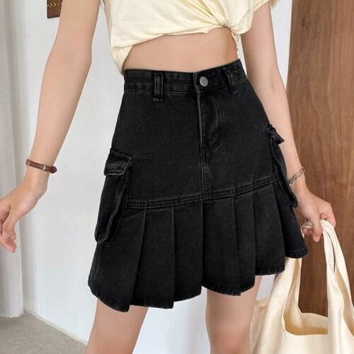 Ailegogo High Waist Women Streetwear Retro Black Denim Mini Pleated Skirt Summer Female Ruffles Ladies Short Jeans Skirts