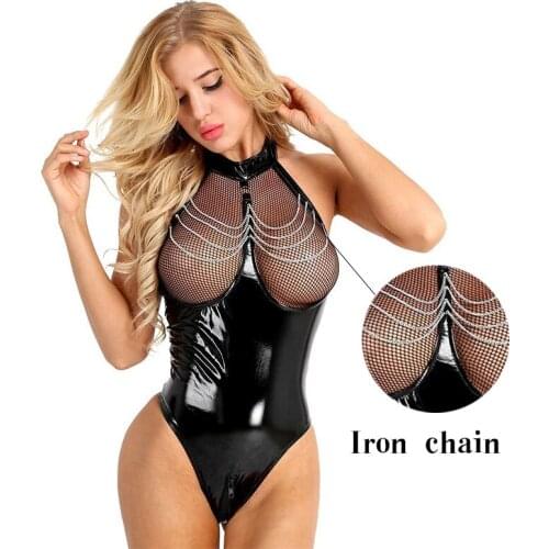 Womens Leather Gothic Latex Leather Clothing Leotard Jumpsuit Cosplay Fancy Dress Cutout Open