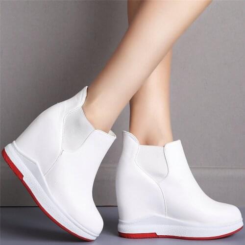 High Top Platform Pumps Shoes Women Cow Leather Wedges High Heel Vulcanized Shoes Female Round Toe Fashion Sneakers Casual Shoes