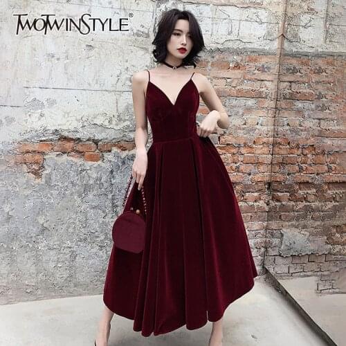 TWOTWINSTYLE Summer Backless Dress For Women V Neck Spaghetti Strap Sleeveless High Waist Sexy Party Dresses Female 2020 Fashion