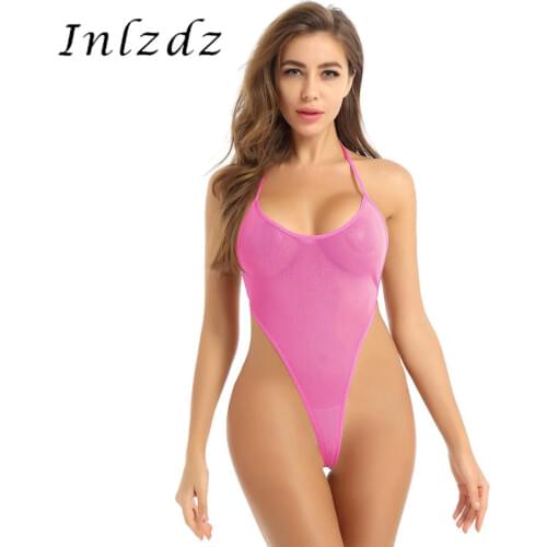Womens See Through Bodysuit Sheer Mesh Halter Neck Strappy Backless High-cut Hot Sexy Thong Leotard Bodysuit Nightwear