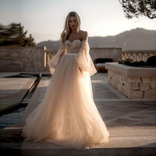 Boho Wedding Dresses Sexy Off Shoulder Puff Sleeves Beach Draped Tulle Princess Wedding Gowns 2021 Plus Size Свадебное платье