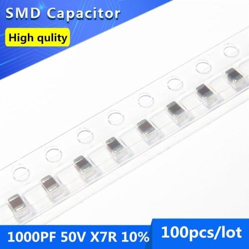 100pcs SMD Thick Film Chip Multilayer Ceramic Capacitor 0805 1NF 1000PF 50V X7R 10
