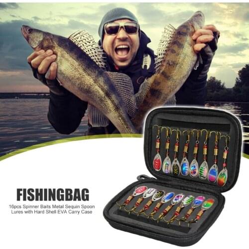 16pcs Solid Black Durable Hard Shell EVA Carrying Cases with Fly Hooks Fish Spinner Composite Baits Metal Sequin Fishing Lures