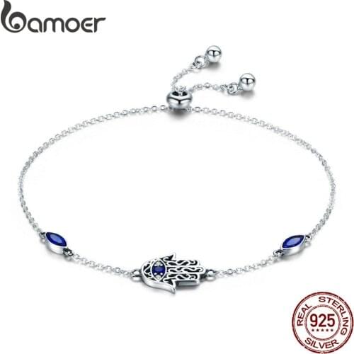 BAMOER Hot Sale 100% 925 Sterling Silver Lucky Hamsa Fatima Hand Chain Link Bracelets for Women Blue CZ Silver Jewelry SCB076