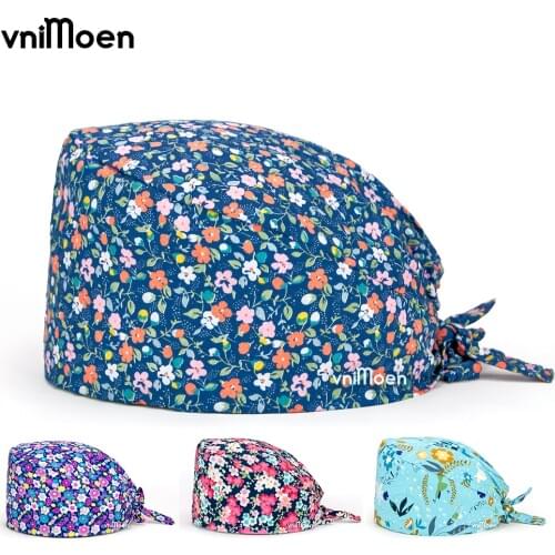 Classic hot style wholesale unisex frosted cap adjustable lab work cap Baotou cap flowers printing hat Beauty salon work hats