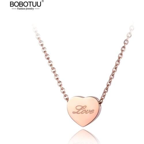 BOBOTUU Titanium Stainless Steel Love Heart Pendant Necklaces Jewelry Rose Gold Chain Chokers Necklace For Women Girls BN19001