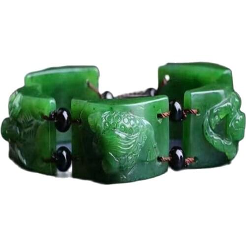 Green Jade Fine Carved Five Poison Bracelets Spinach Green Jade Hand Pai