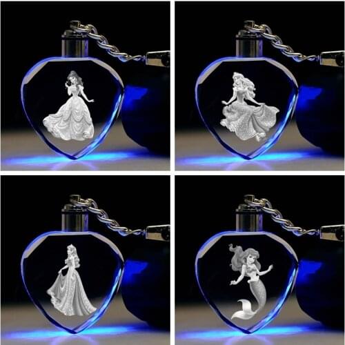 Disney Princess Series Girl Anime Figures Toy Cartoon Heart Products Accessories Customized LED Keychain Light Birthday Gifts