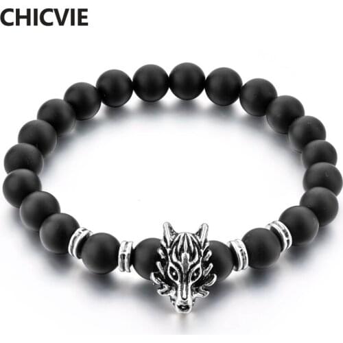 CHICVIE New Black Wolf Head Men Natural Stone Charms Bracelets & Bangles Bead For Women Jewelry Making custom Bracelet SBR180076