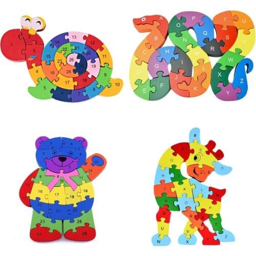 Kids Colorful Animal Building Puzzle Wooden Toys Montessori Letters Number Jigsaw Early Learning Educational Toys For Children