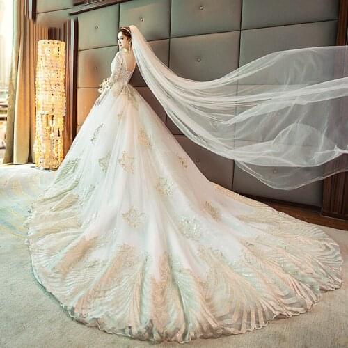 Full Sleeve Sexy V-neck Sweep Train Classic Ball Gown Princess Luxury Lace Wedding Dress Plus Size Beidal Gowns