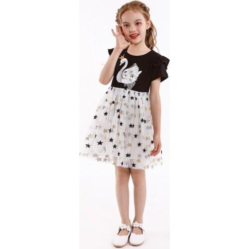 2021 New Summer Short Sleeve Kids Star Mesh Princess Dresses For Girls Costume Splicing Teens Little Girls Dresses 3-8 Years Old