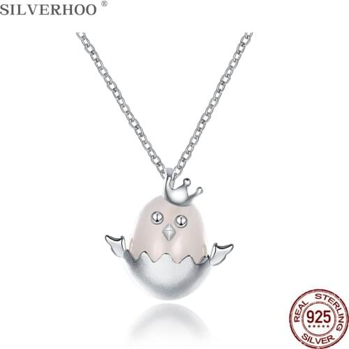 SILVERHOO Real Sterling Silver 925 Jewelry Cute Crown Angel Chick Pendant Necklaces For Women Trendy Pink Opal Animal Necklace