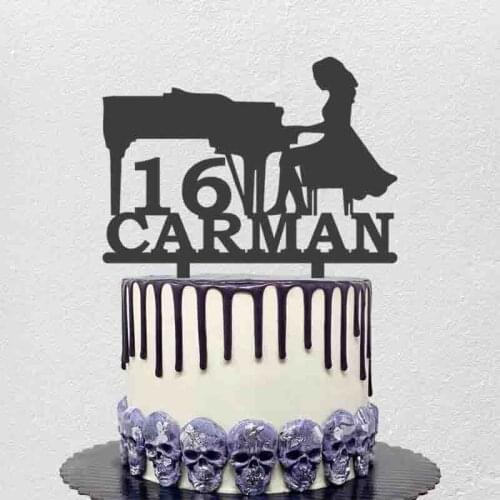 Personalized Pianist Birthday Cake Topper Custom Name Age Girl Playing Piano Silhouettes Birthday Party Cake Decoration Topper