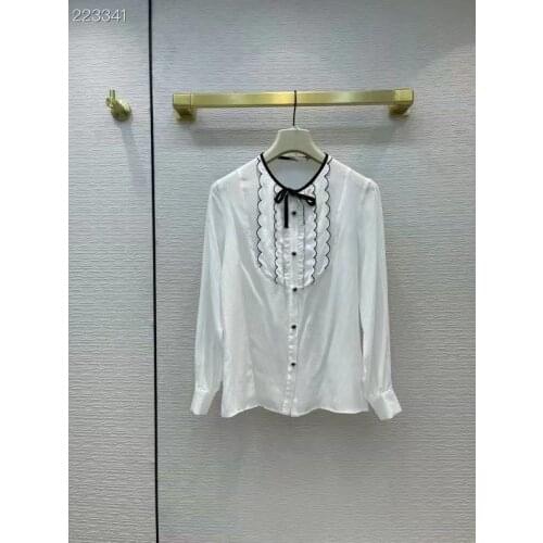 Luxury 100% TWILL SILK Shirts 2021 Autumn Runway Fashion Ruffles Office Single Breasted Ladies Party Elegant White Blouse