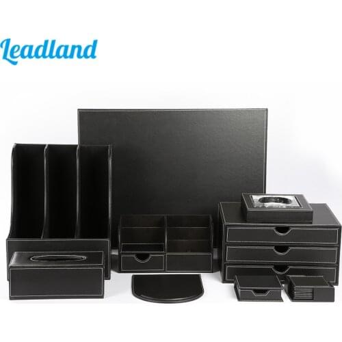 Deluxe Office Desktop 9-Piece Set Pen Pencil Holder Mouse Pad Stationery Organizer Box Tissue Dispenser Ashtray T04 Black/Brown