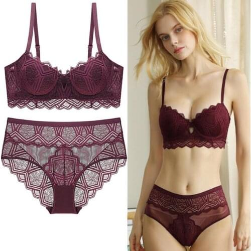 Sexy Frilly Lace Bra Set With Push Up Wavy Stripes Broadside Medium Padded Lacy Underwear Set Lingerie Women Bra & Brief Sets