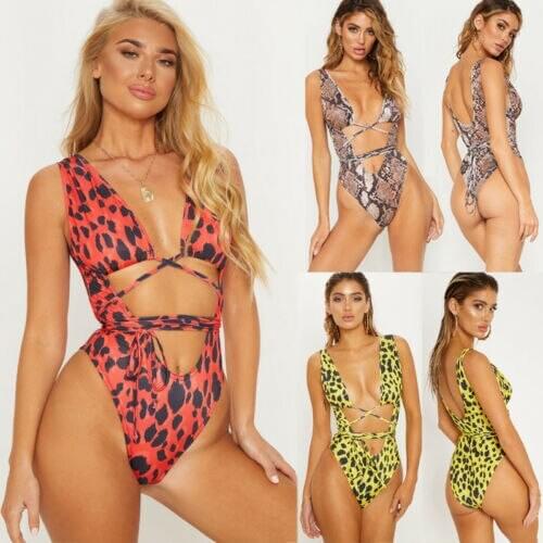 Sexy Women Leopard Print Bodysuit Short V-neck One Piece Bathing Suit Romper Jumpsuit Monokini Push Up Padded Swimsuit Swimwear