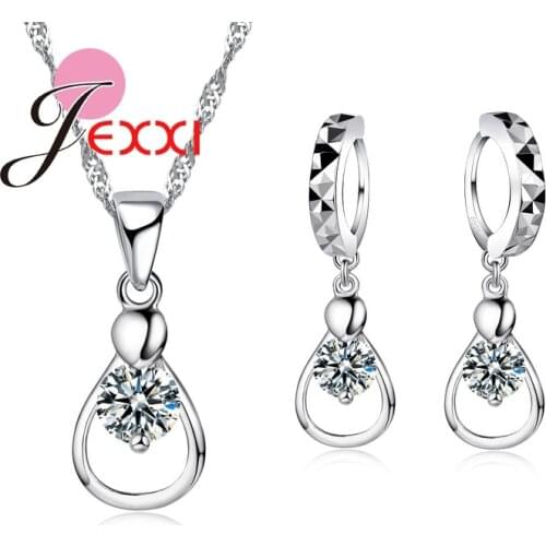 Bridal Austrian Crystal Fashion CZ Necklace Earrings Hollow Water Drop 925 Sterling Silver Jewellery Set Wedding