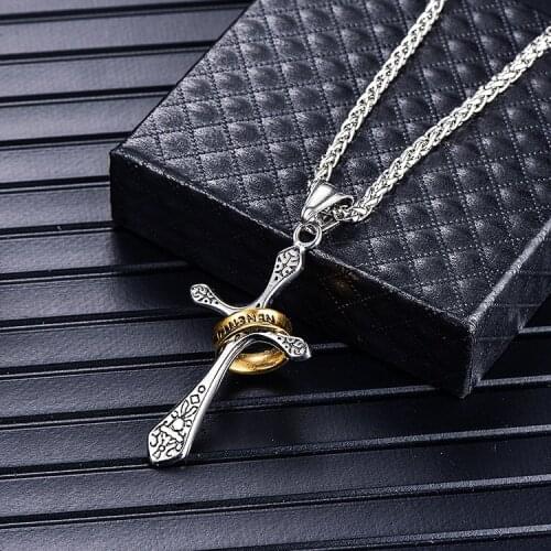Vintage Religous Male Jewelry Necklaces Retro Pattern Tide Mens Necklace Cross Circle Pendant Stainless Steel Chain Link 24Inch