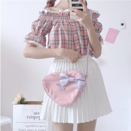 Japanese Small Fresh Slash Neck Collar Girl Shirt Short Sleeve Lace Stitching Plaid Student Blouse Shirt Sweet Summer Top
