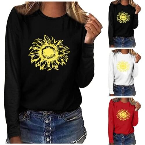 Women Casual Long Sleeve Round Neck Sunflower Printing T-shirt Solid Color Blouse Top Daily All-match Lovely Girls T-shirt Top
