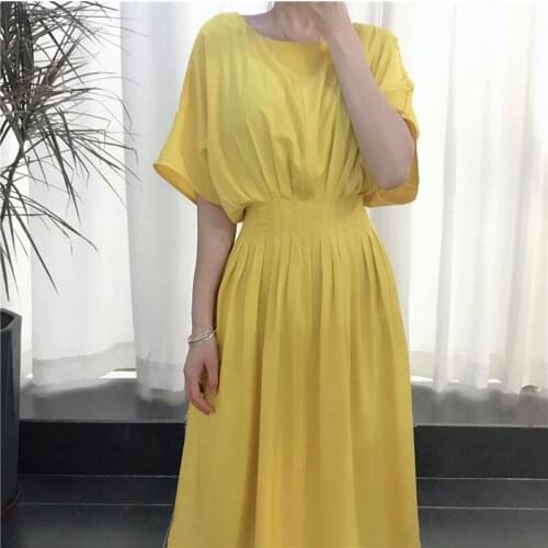 Woman dress elegant temperament high waist pleated bat sleeve fashion summer long dress