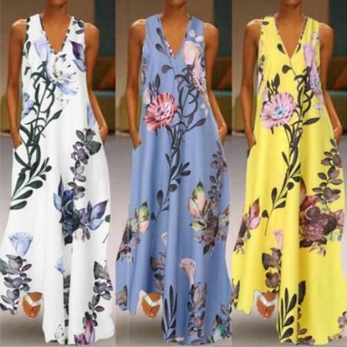 Womens ladies Fashion Floral V Neck Sleeveless Loose Beach Long Maxi Dress YBWL