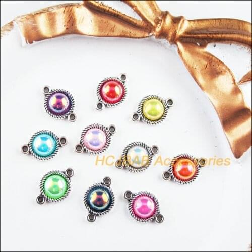 40Pcs Tibetan Silver Tone Retro Round Mixed Acrylic Charms Connectors 8.5x13mm