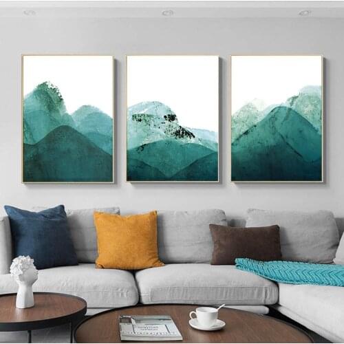 New Chinese Style Abstract Landscape Painting Green Mountains Poster Wall Art Canvas Painting Pictures Living Room Decoration