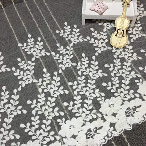 35cm wide White soft mesh cotton embroidery with flower lace trim fabric for dress sewing craft