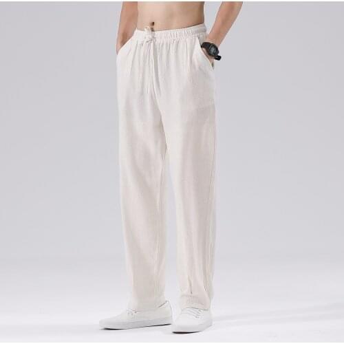 2021 Summer Mens Breathable Linen Pants Men Elastic Waist Chinese Style Hemp Cotton Trousers Male Hip Hop Casual Straight Pants