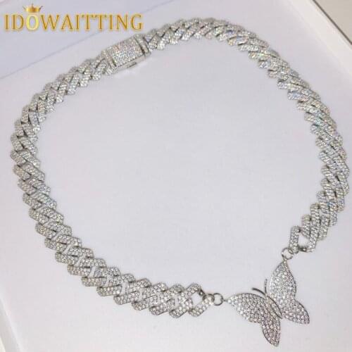 High quality iced out micro pave 5A cz 12mm cuban link chain single butterfly charm choker necklace gold silver color jewelry