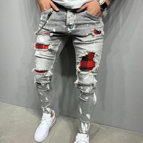 Hot Skinny Jeans Men Fashion Men Solid Color Patchwork Skinny Fit Ripped Jeans Stretch Denim Pants Hip-hop Casual Men jeans 3XL