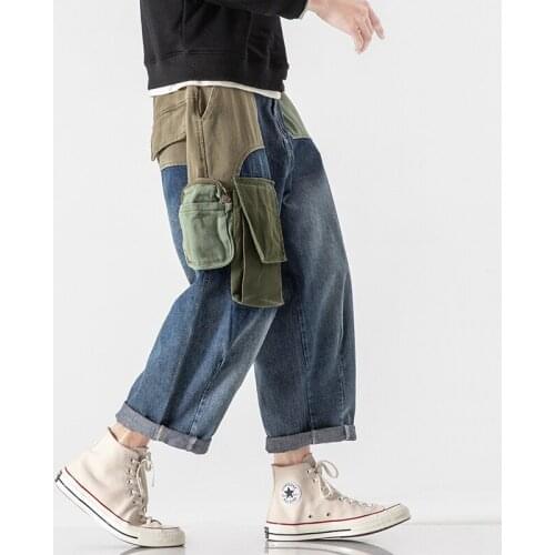High Street Casual Women Streetwear Jeans Patchwork Multi-Pocket Couple Denim Pants Beggar Style Japanese Jeans Autumn