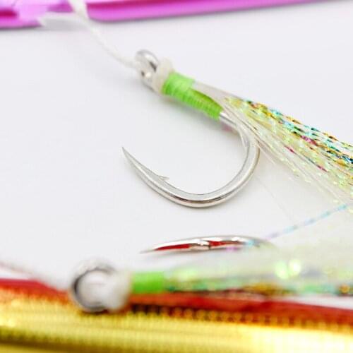 FUNADAIKO 2/0 Fish Hook Fishing Cast Jigs Assist Hook Barbed Single Jig Hooks Thread Feather Pesca lure fishing tackle fishhook