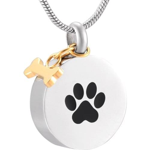 IJD9922 Pet Remembrance Necklace Golden Dog Bone Charm&Paw Print Round Stainless Steel Memorial Urn Jewelry For Cremation Ashes