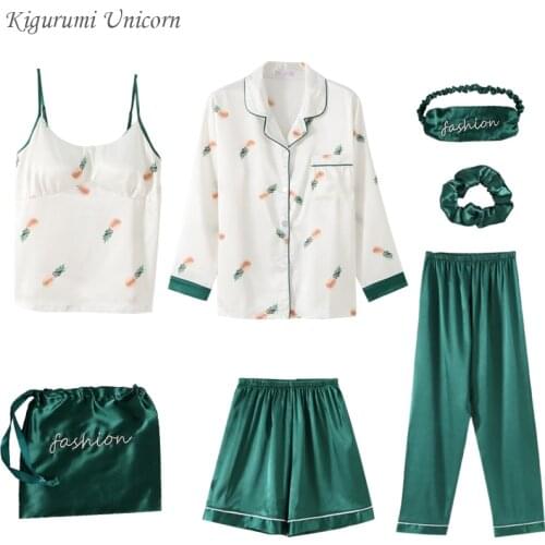 Women Pajamas 7 Piece Set Silk Long Sleeve Top Elastic Waist Pants Full Lounge 2020 Women Sleepwear Sets Spring Summer Home wear