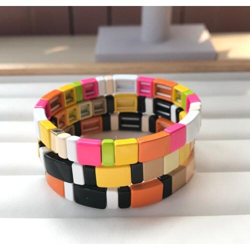 Colorful Enamel Tile Bracelet,Multi-Stack Tile Painted Beaded Stretch Bracelet,Bohemian Bracelets Fashion Women Jewelry QC2711