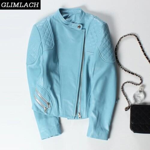 Women Fashion Multicolor Lambskin Real Leather Jacket Short Slim Genuine Leather Motorcycle Coat High Quality Outerwear Female