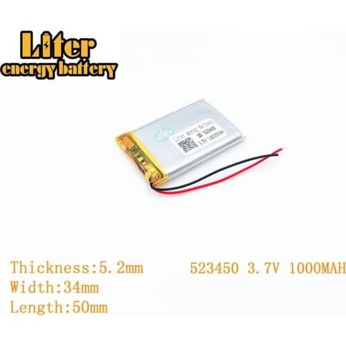 Liter energy battery 3.7V 1000mAh 523450 plug Lithium Polymer Rechargeable Battery For MP3 MP4 MP5 Lithium polymer battery