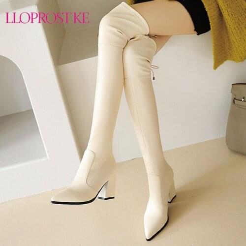 Lloprost ke 2020 brown pointed toe block high heels long women boots over the knee high booties woman over knee stretch boots